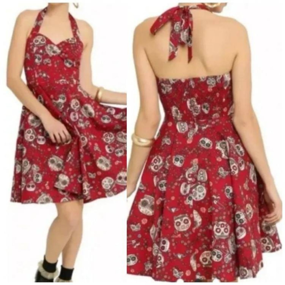 Hell Bunny Red Day of the Dead Skull Halter Swing Dress